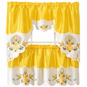 Yellow Rose Embroidered Kitchen Curtain Set Swag Valance Tier Farmhouse Floral